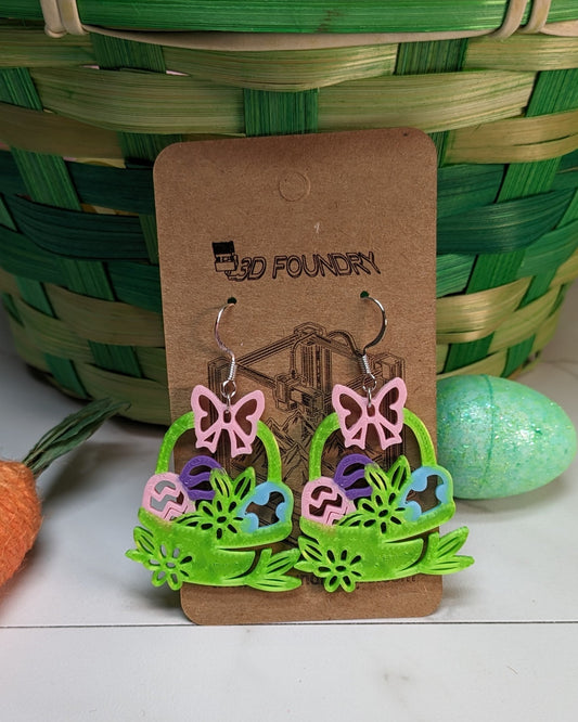 3D Printed Easter Basket Earring, Green baskets with colorful eggs and bows